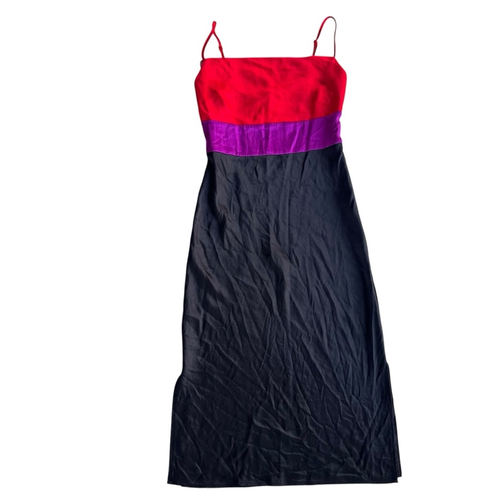Express Womens Sz XS Red Purple Satin Color Block Tier Cowl Neck Slip Midi Dress